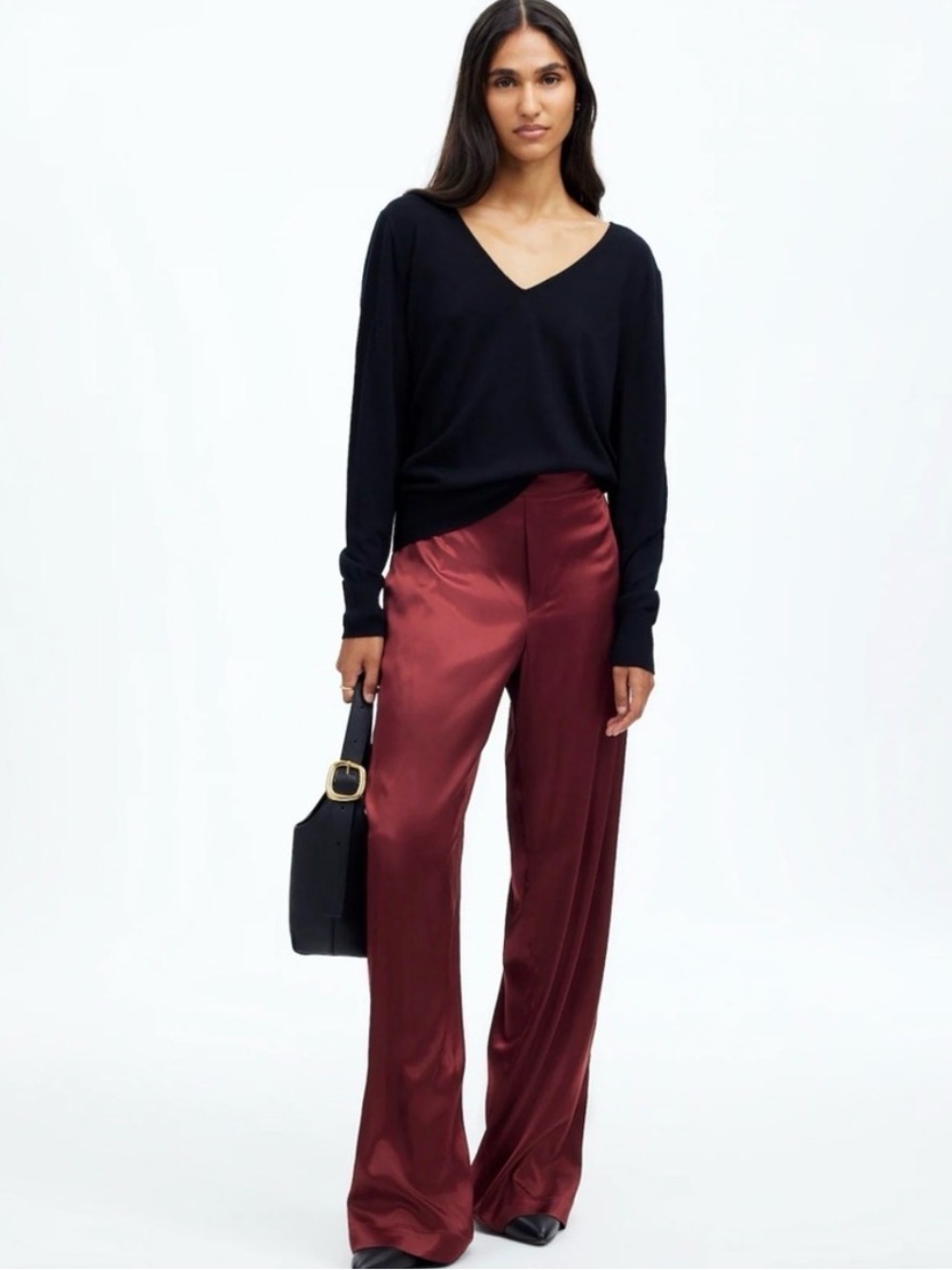 Madewell NWT Pull On Wide Leg Satin Burgundy Pants fancy comfy women's size L